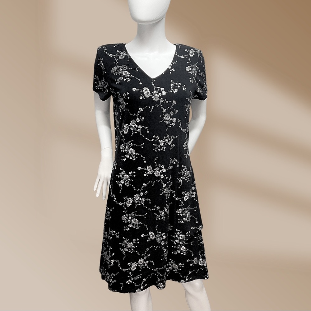 Dressbarn Women's Black Dress With Silver Metallic Print Florals Sz 12 NWOT